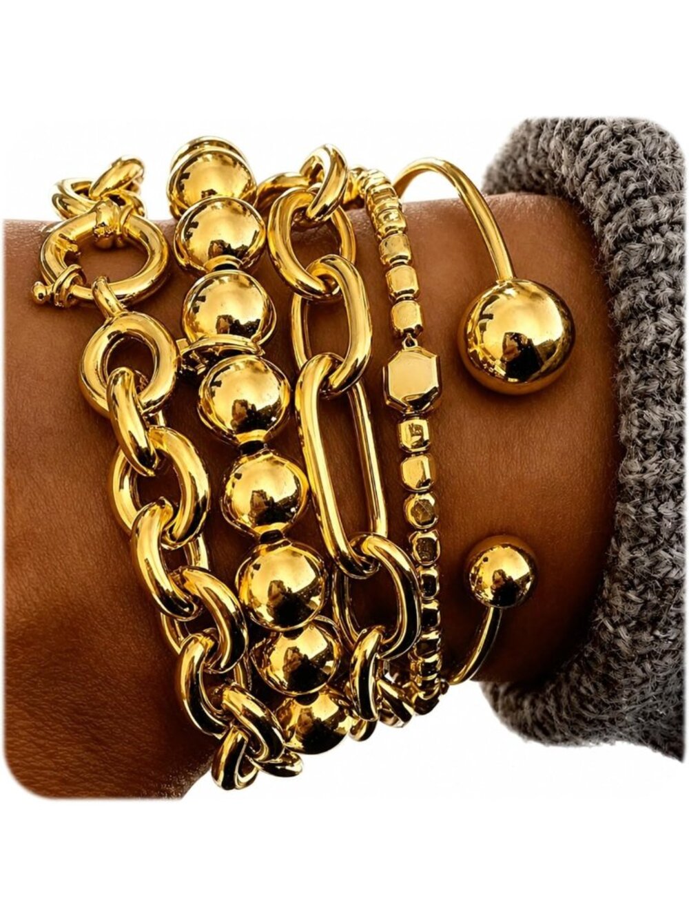 5PC Gold Plated Chunky Bangle Set - Stackable Bracelets for Women